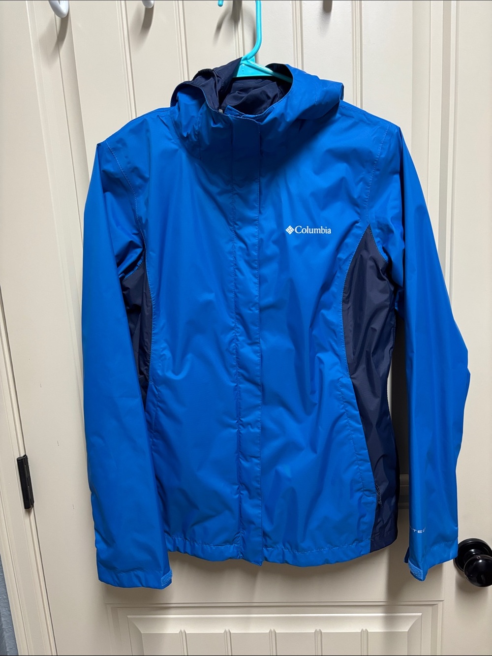 Columbia Women's Bright Blue Hooded Waterproof Rain Jacket with Navy Panels
